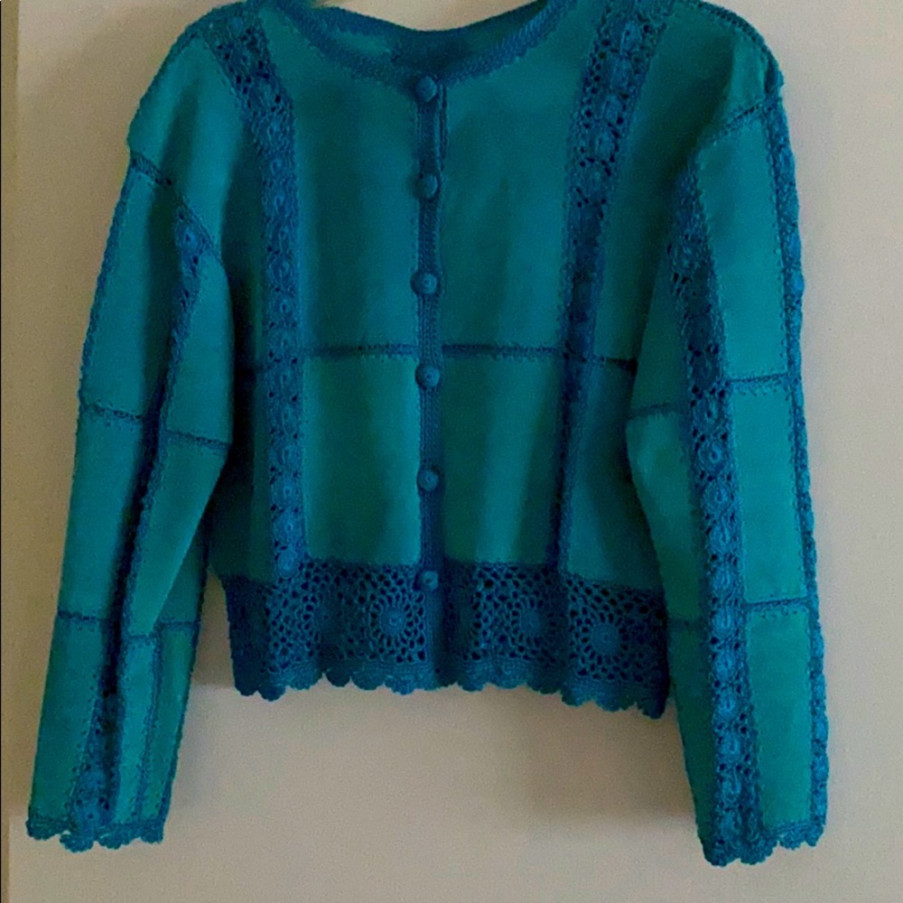 Embroidered aqua suede jacket
